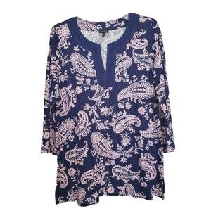 Talbots Paisley Split-Neck 3/4 Sleeve Tunic Cotton/Modal Size Medium Boho